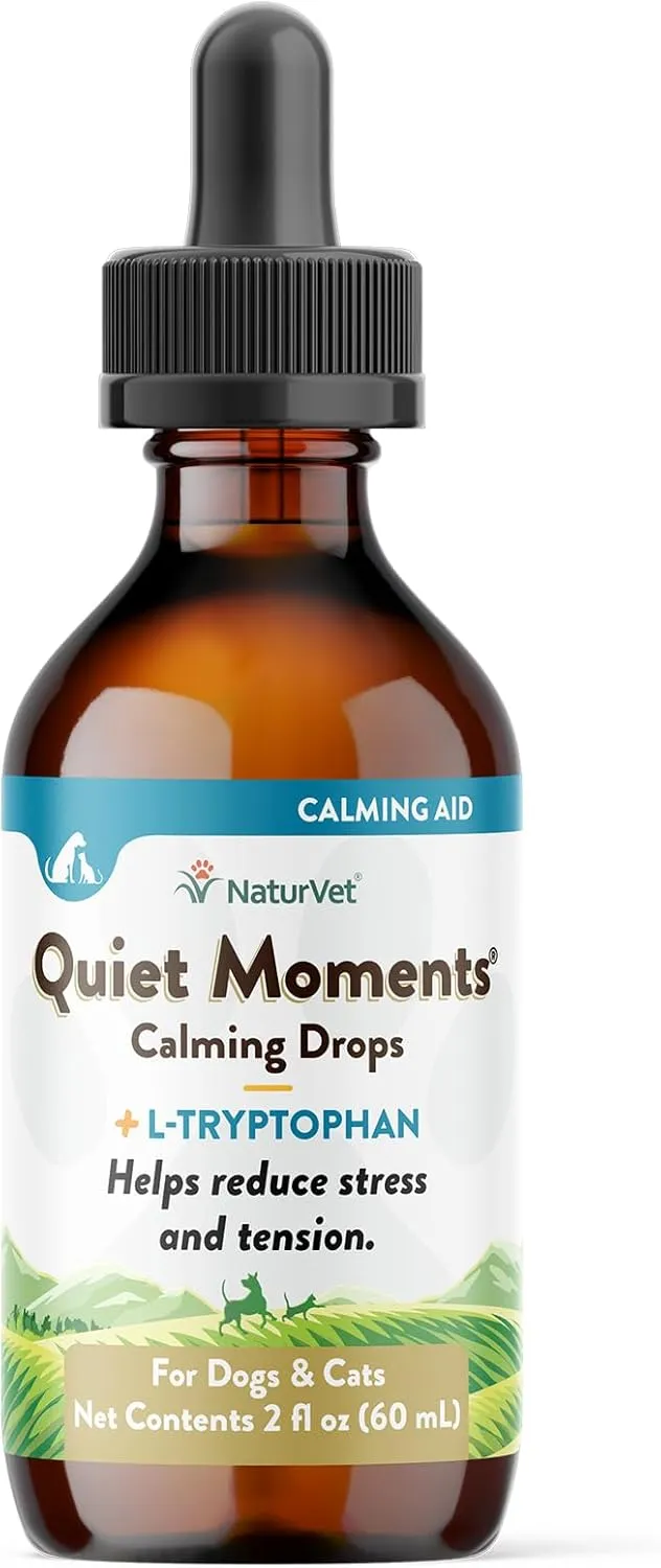 NaturVet Quiet Moments Calming Drops for Cats & Dogs – Helps Reduce Pet Stress, Promotes Relaxation – Dog Supplement, Cat Supplement Includes L-Tryptophan, Ginger, Chamomile – 2 Oz.