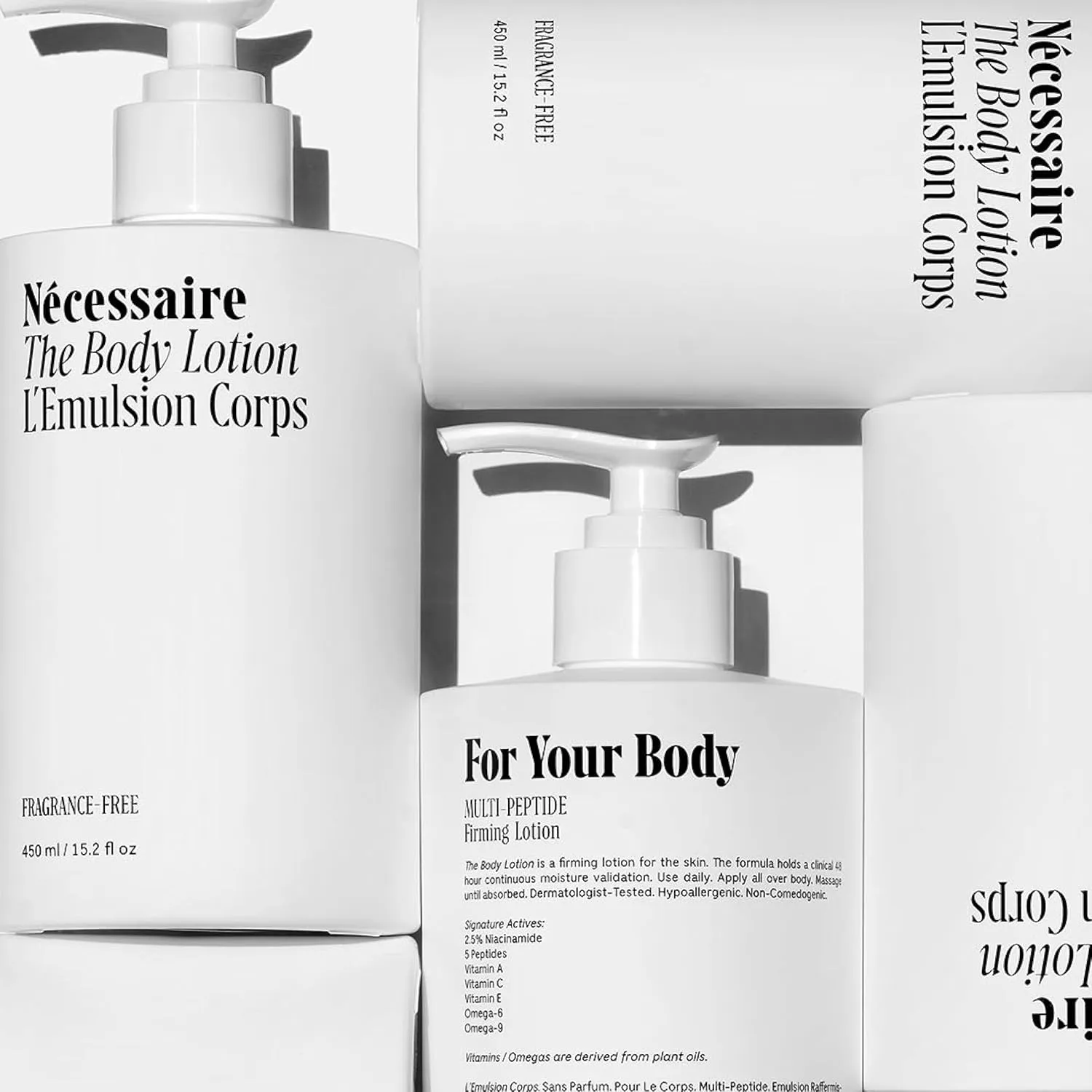 Nécessaire The Body Lotion with Pump. Fragrance-Free. Multi-Peptide Firming Lotion to Moisturize, Firm, Strengthen. 2.5% Niacinamide, Vitamin C/E   Omega 6/9. 450ml / 15.2 fl oz