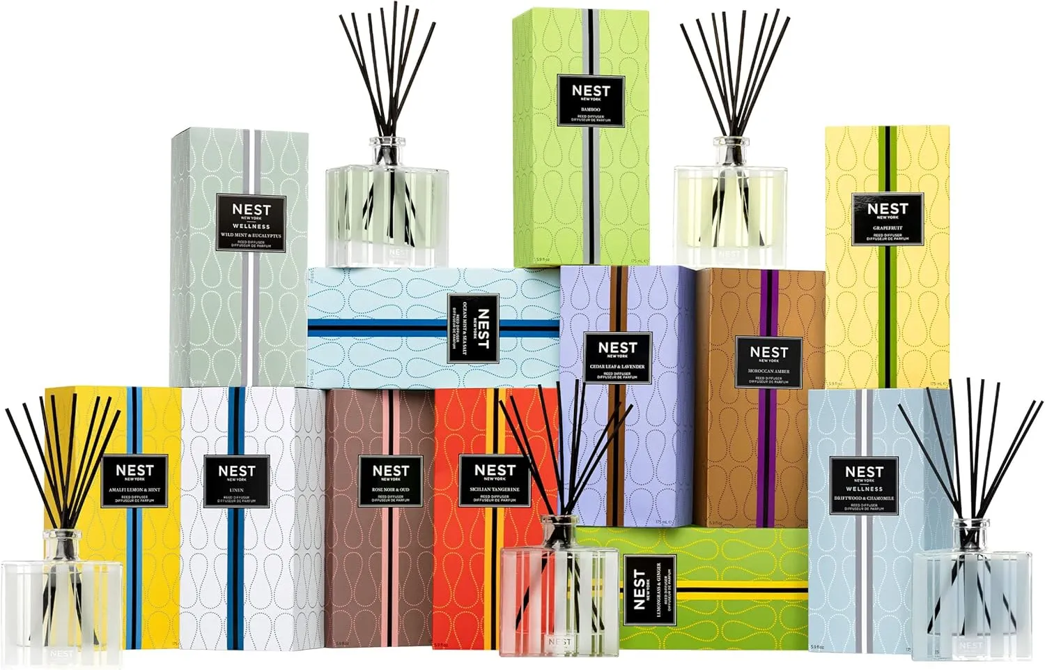 NEST New York Reed Diffuser, Driftwood & Chamomile - 5.9 fl oz - Fragrance for Up to 90 Days - Reusable, Refillable Glass Holder - Includes 8 All-Natural Reed Sticks - Flame Free