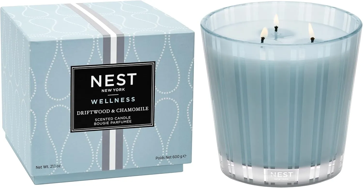 NEST New York Scented 3-Wick Candle, Driftwood & Chamomile - 21.2 oz - Up to 100-Hour Burn Time - Reusable Glass Vessel
