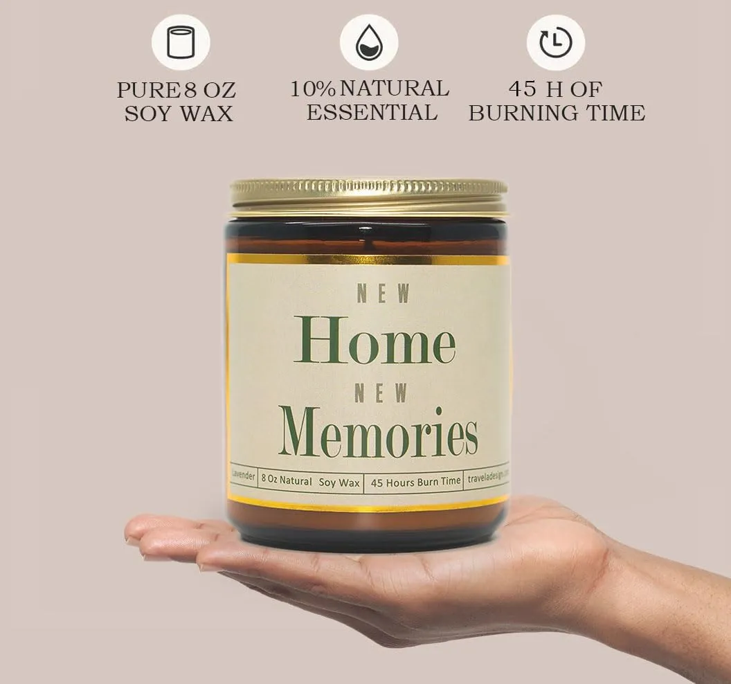 New Home Memories Lavender Scented Candle - House Warming Gift - Natural Soy Wax - 8 Oz