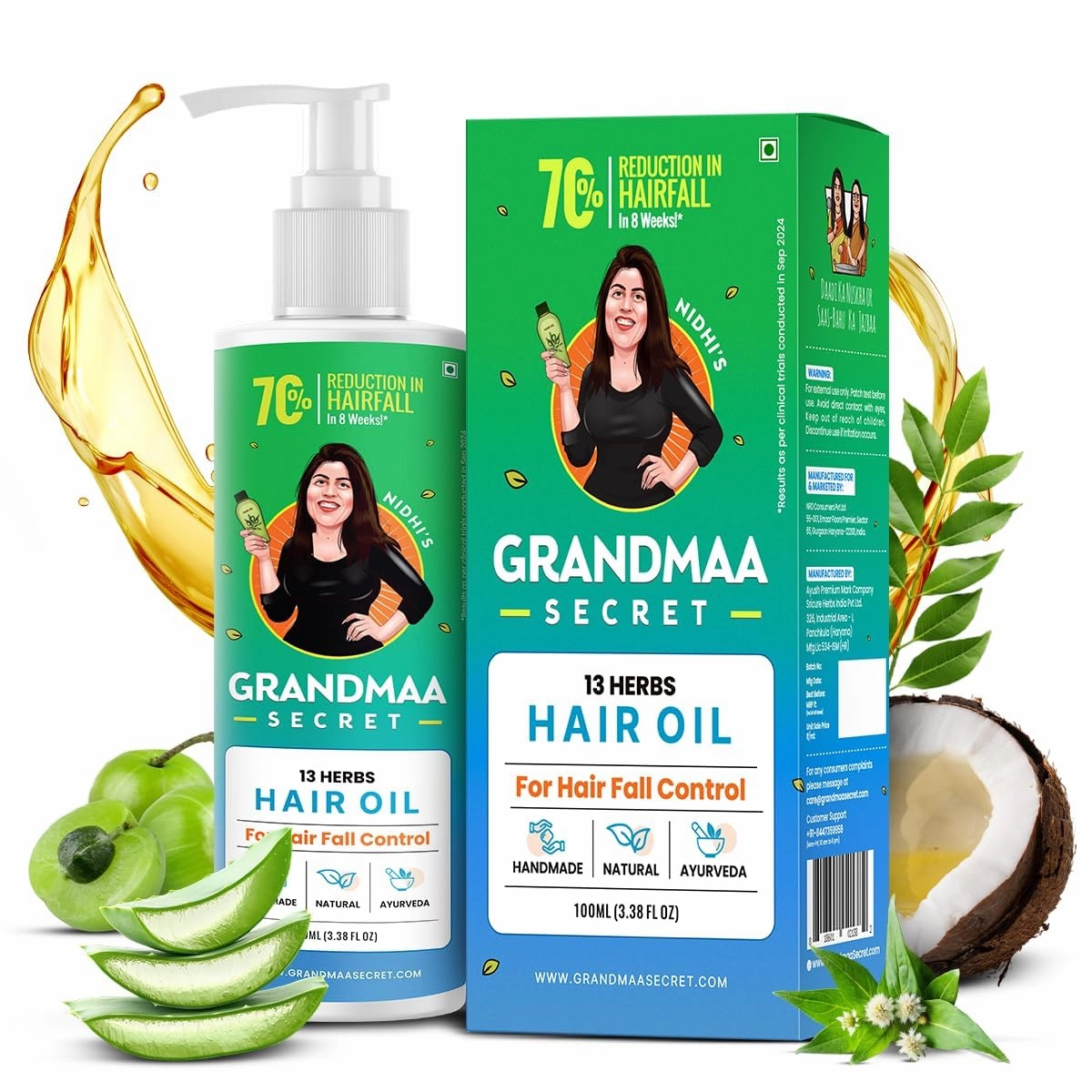 Nidhi's Grandmaa Secret 13 Herbs Hair Oil For Men & Women | Promotes Hair Growth & Reduces Hair Fall | Handmade Natural Hair Oil | Hair Fall Control Oil For Dry Damaged Hair | 3.5 FlOz
