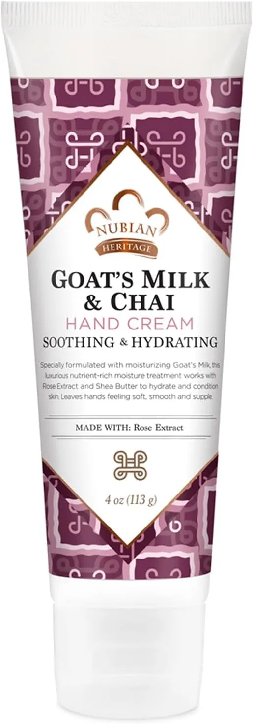 Nubian Heritage Hand Cream, Goat’s Milk & Chai – Soothing & Hydrating Shea Butter Lotion with Aloe Vera, Vitamin E & Rose Extract, 4 Oz