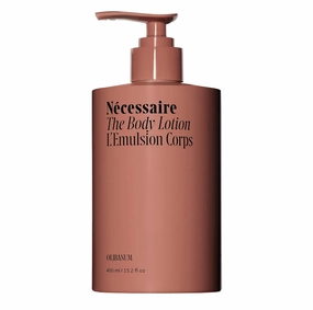 Nécessaire The Body Lotion with Pump. Olibanum. Multi-Peptide Firming to Moisturize   Strengthen. 2.5% Niacinamide, Vitamin C/E   Omega 6/9. Notes of Vanilla, Fig Leaf, & Cassis Buds. 450ml/15.2 fl oz