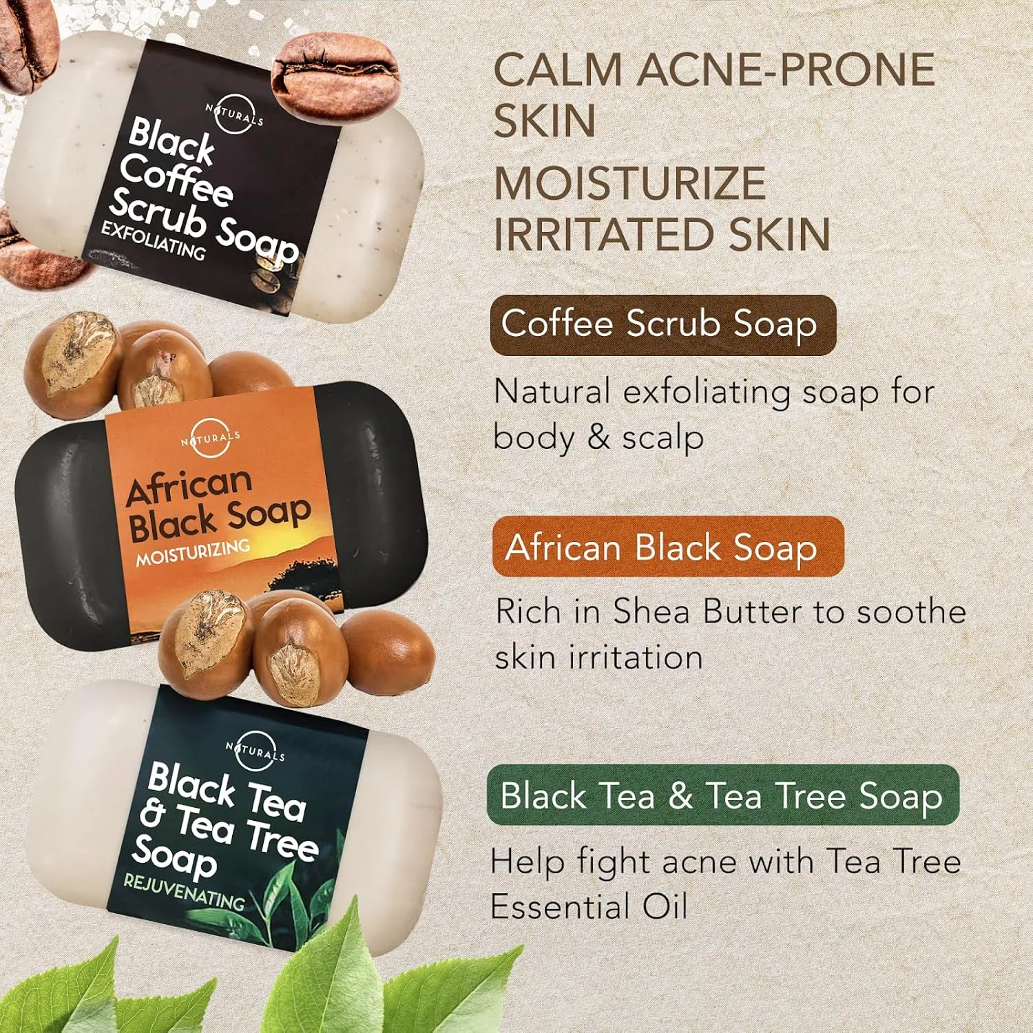 O NATURALS 6 PCS Black Soap - Women & Men's Bar Soap, Father's Day Gifts, Men's Soap Bar, African Black Soap w/Moisturizing Shea Butter, Charcoal Soap, Organic & Natural Soap for Men & Women, 4oz