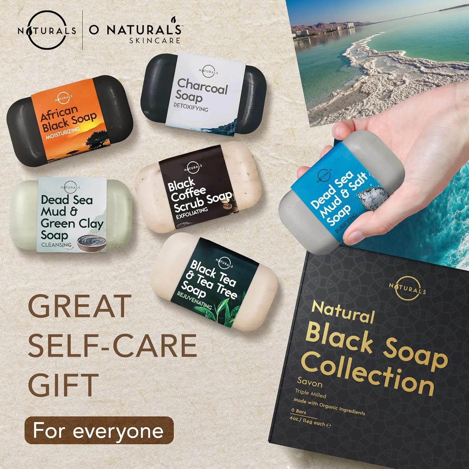O NATURALS 6 PCS Black Soap - Women & Men's Bar Soap, Father's Day Gifts, Men's Soap Bar, African Black Soap w/Moisturizing Shea Butter, Charcoal Soap, Organic & Natural Soap for Men & Women, 4oz