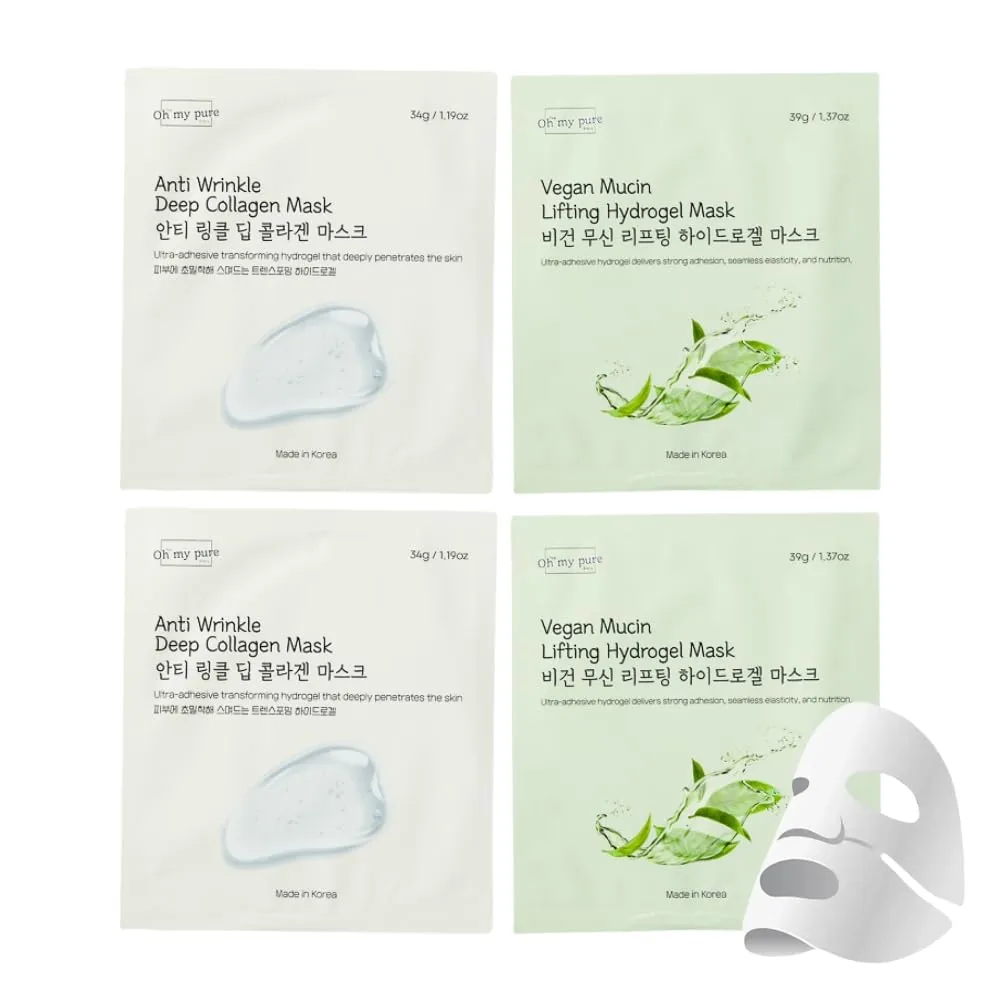 OHMYPURE Hydrogel Collagen Korean Face Mask 2 2 EA Luxury Skin Care (AntiWrinkle, Vegan Mucin) (Sampler 4)