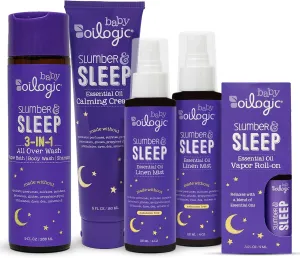 Oilogic Slumber & Sleep Baby Bath Essentials Gift Set, 5-Pack - Essential Oil Care Includes Roll-On, Calming Cream, Vapor Bath, and Two Linen Mist - Relaxing Lavender & Chamomile