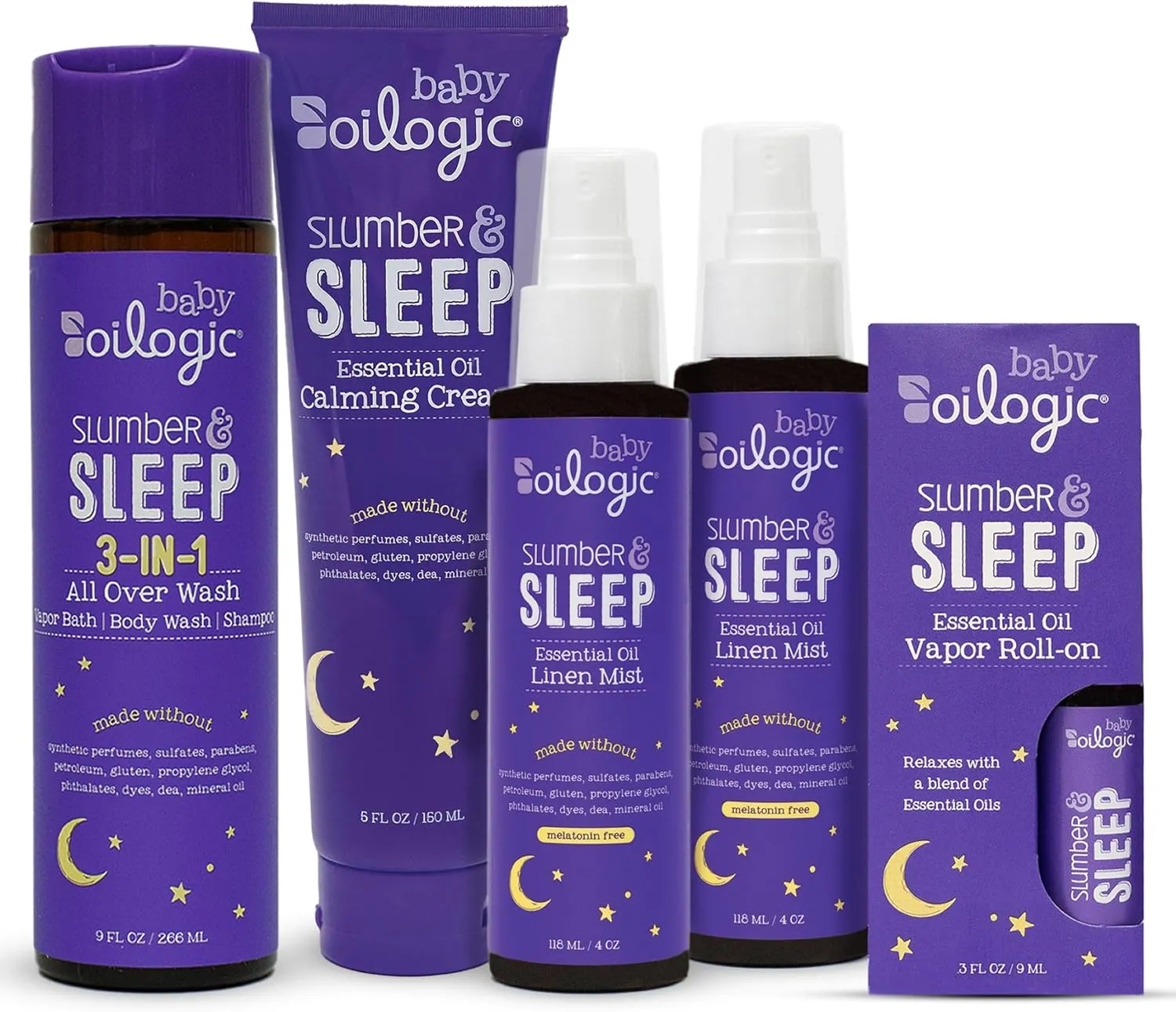 Oilogic Slumber & Sleep Baby Bath Essentials Gift Set, 5-Pack - Essential Oil Care Includes Roll-On, Calming Cream, Vapor Bath, and Two Linen Mist - Relaxing Lavender & Chamomile