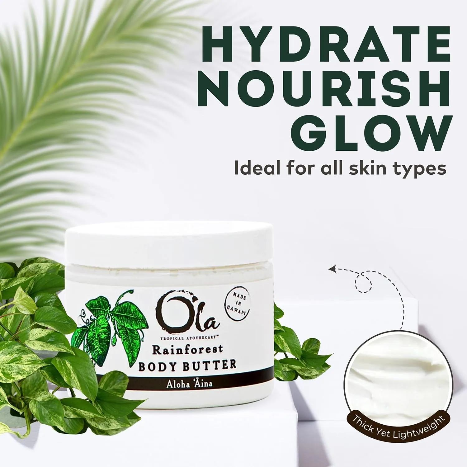 OLA Rainforest Body Butter – Moisturizing Cream with Pure Coconut Oil and Hawaiian Plant Extracts - Ideal for Dry Skin - 2.1oz