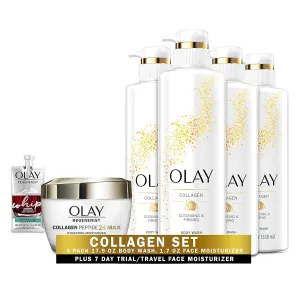 Olay Regenerist Collagen Peptide 24 MAX Hydrating Face Moisturizer (1.7 oz)   Travel Size Whip Face Moisturizer and Cleansing & Firming Body Wash with Collagen and Vitamin B3, 17.9 Fl Oz (Pack of 4)