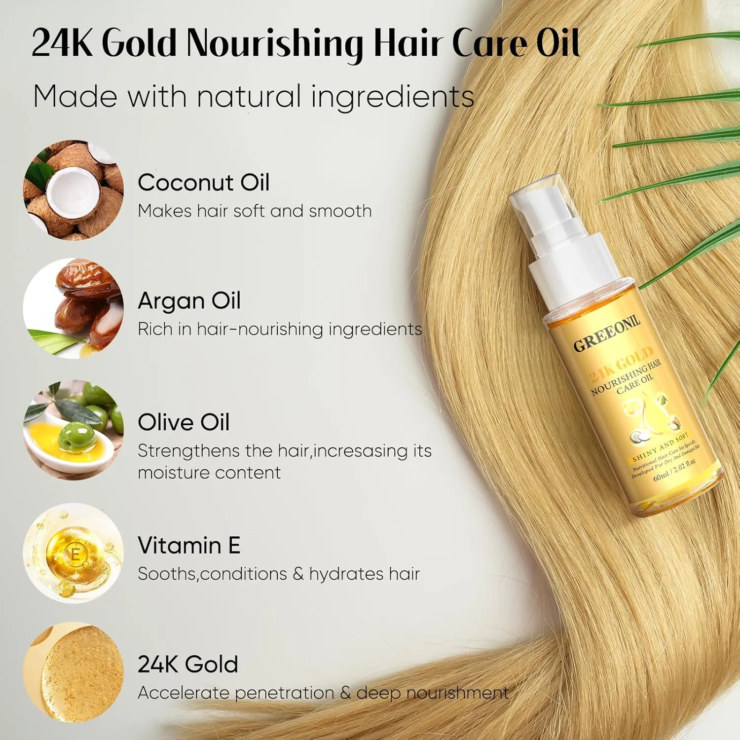 Olive Oil Serum for Frizz Control, Hair Repair Serum,24K Gold Argan Oil Coconut Oil Olive Oil and Vitamin E for Split Ends Hair Treatment, Add Shine, 3 Pack