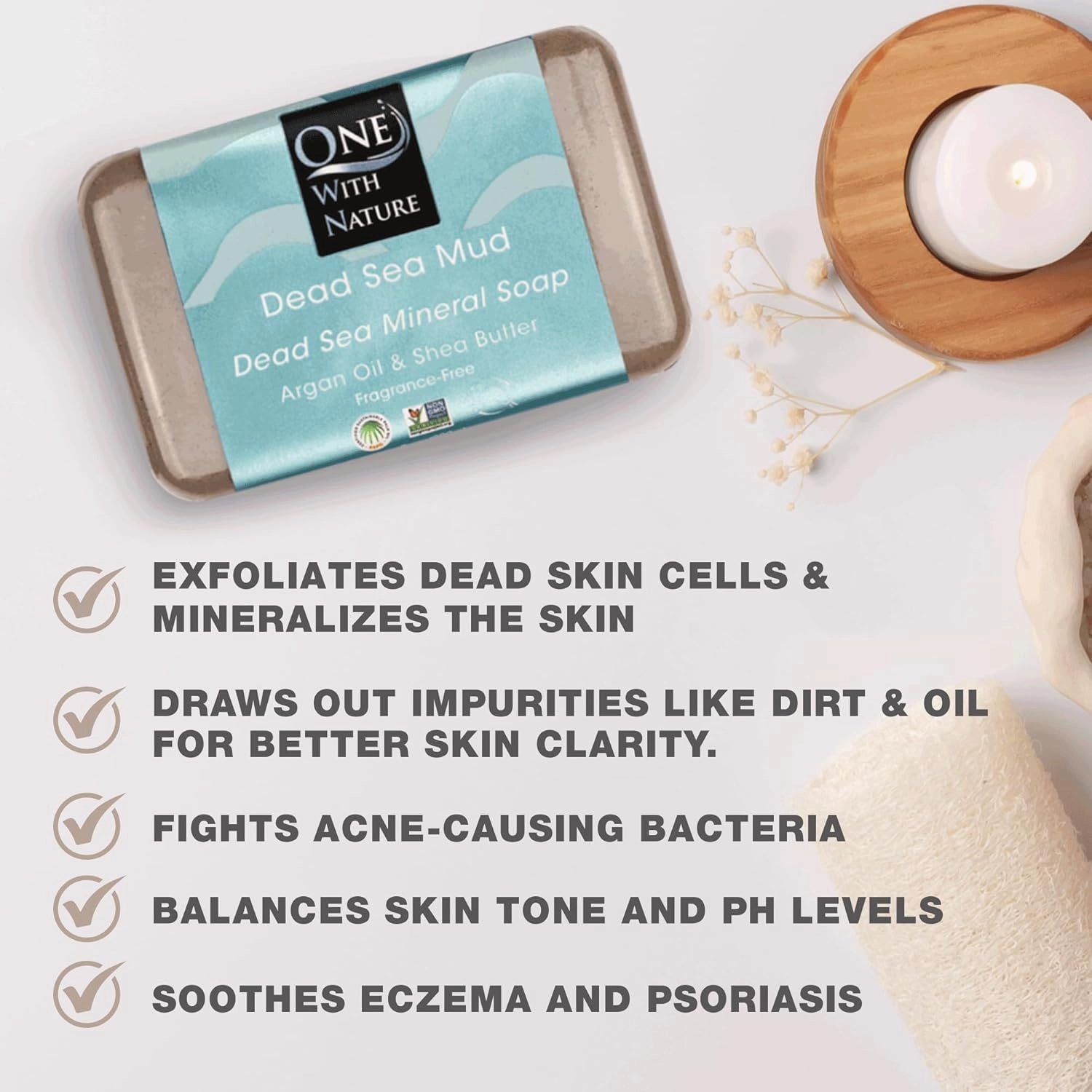 One With Nature Dead Sea Mud Soap 4oz 3-Pack – Purifying and Exfoliating Soap Bar with Dead Sea Salt Minerals for Face & Body, for Men & Women
