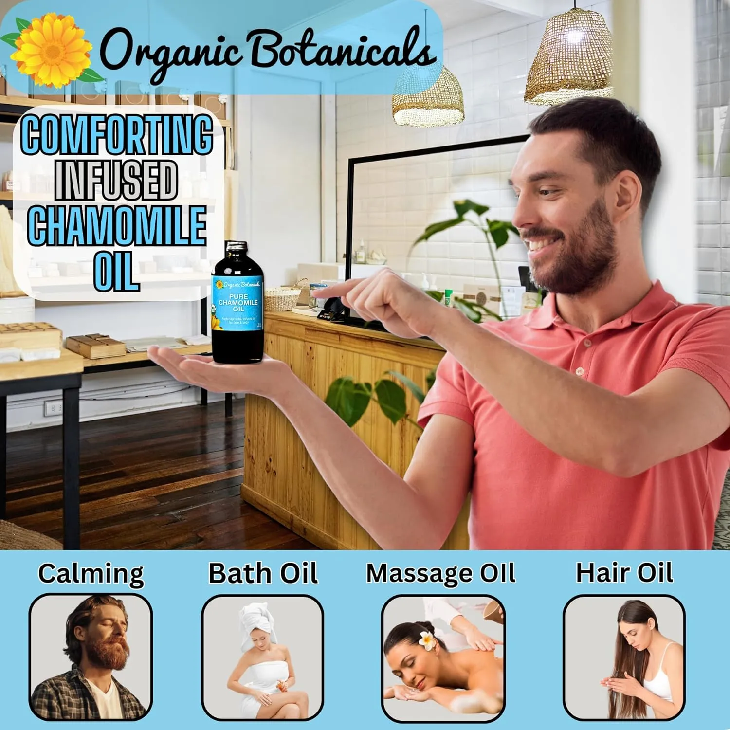 Organic Botanicals Pure Organic Chamomile Oil - USDA Certified, Premium Grade Natural Therapeutic Oil for Body, Skin, Face, Hair & Massage Therapy - Relaxing, Bath & DIY Infused Flower Extract (2 oz)