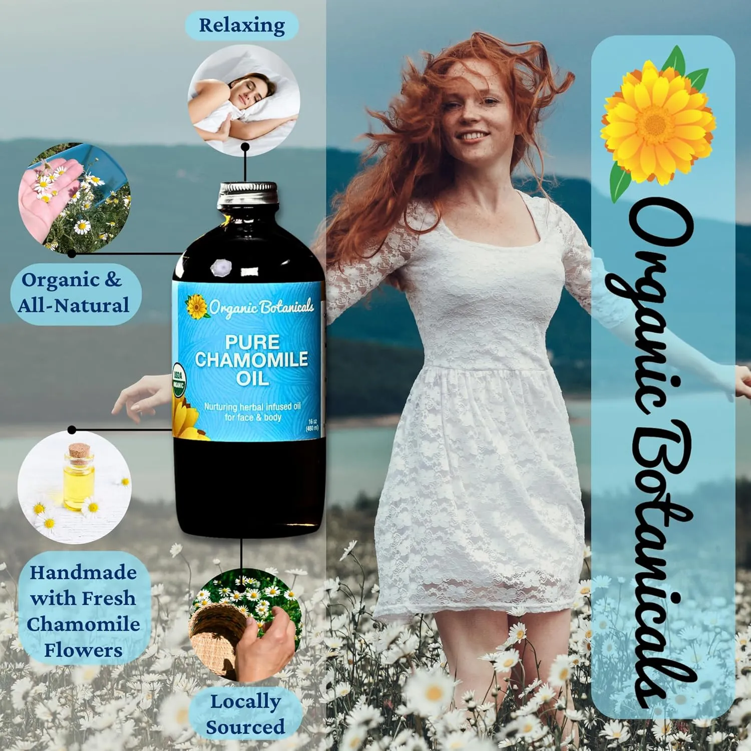 Organic Botanicals Pure Organic Chamomile Oil - USDA Certified, Premium Grade Natural Therapeutic Oil for Body, Skin, Face, Hair & Massage Therapy - Relaxing, Bath & DIY Infused Flower Extract (2 oz)