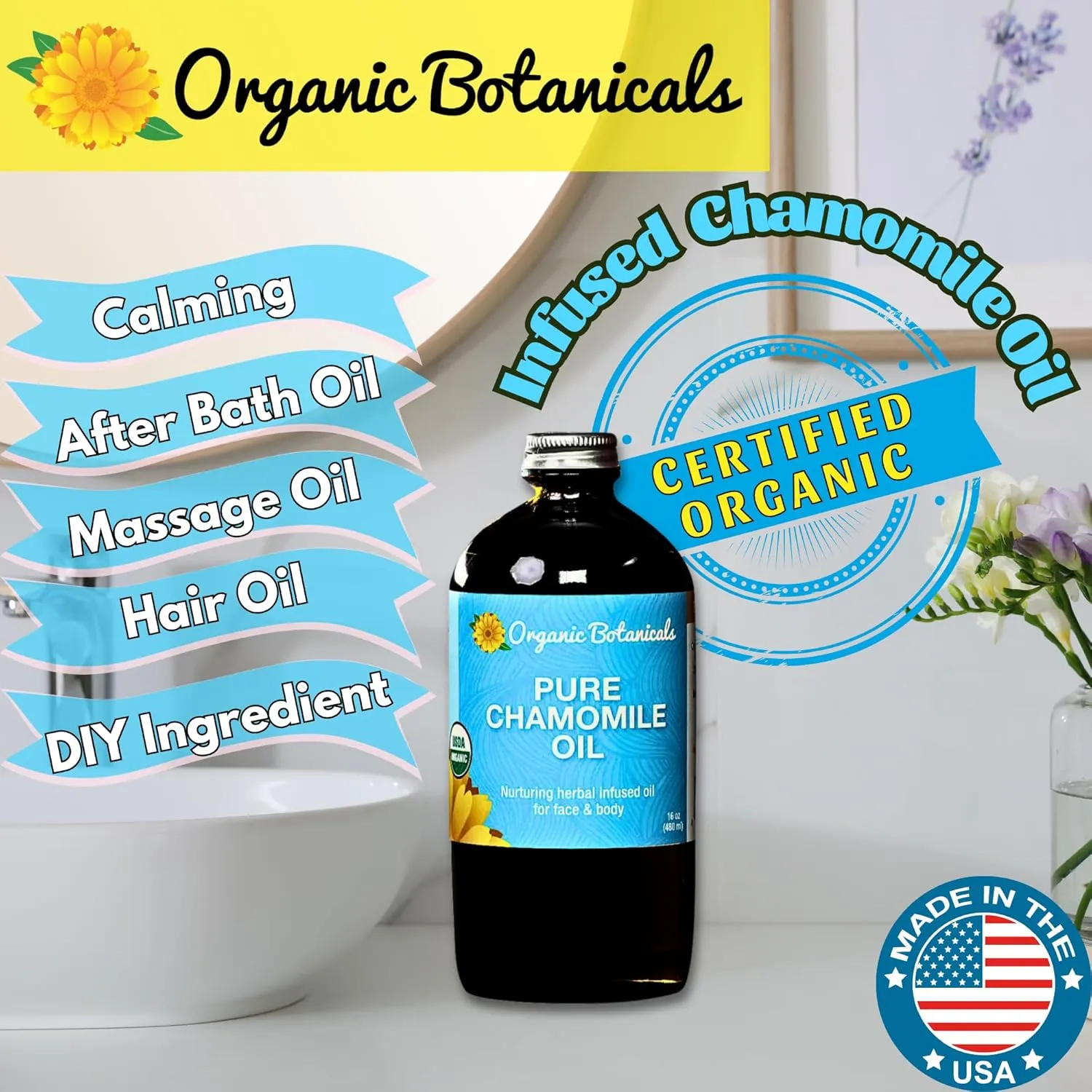 Organic Botanicals Pure Organic Chamomile Oil - USDA Certified, Premium Grade Natural Therapeutic Oil for Body, Skin, Face, Hair & Massage Therapy - Relaxing, Bath & DIY Infused Flower Extract (2 oz)
