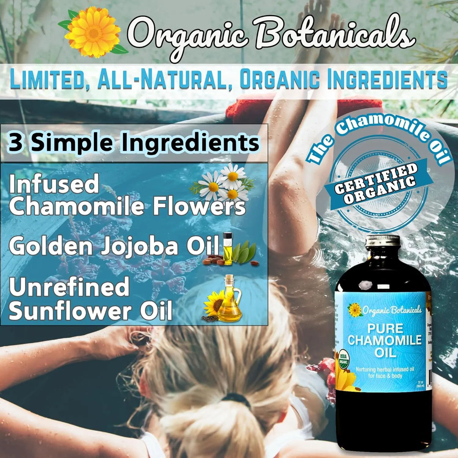 Organic Botanicals Pure Organic Chamomile Oil - USDA Certified, Premium Grade Natural Therapeutic Oil for Body, Skin, Face, Hair & Massage Therapy - Relaxing, Bath & DIY Infused Flower Extract (2 oz)