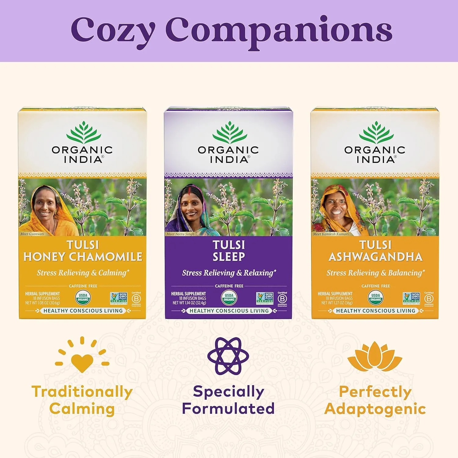 ORGANIC INDIA Tulsi Sleep Herbal Tea - Holy Basil, Ashwagandha, Chamomile, Night Time Tea for Bedtime, Stress Relieving & Relaxing, Immune Support, USDA Certified Organic - 18 Infusion Bags, 6 Pack