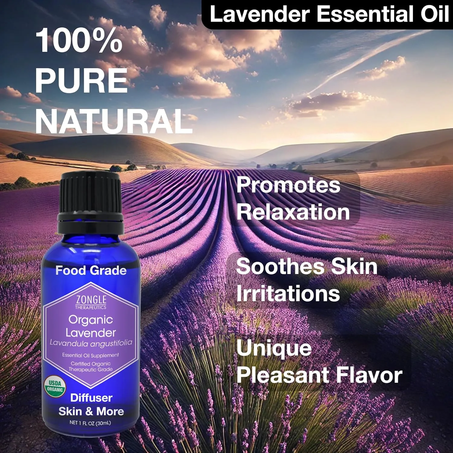 Organic, Lavender Essential Oil, Food Grade, for Drinks, Skin, Hair – 100% Pure, Lavender Oil, by Zongle Therapeutics, 1 OZ
