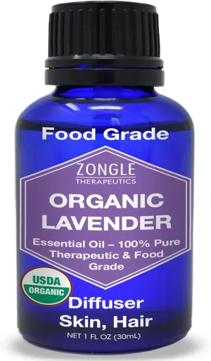 Organic, Lavender Essential Oil, Food Grade, for Drinks, Skin, Hair – 100% Pure, Lavender Oil, by Zongle Therapeutics, 1 OZ