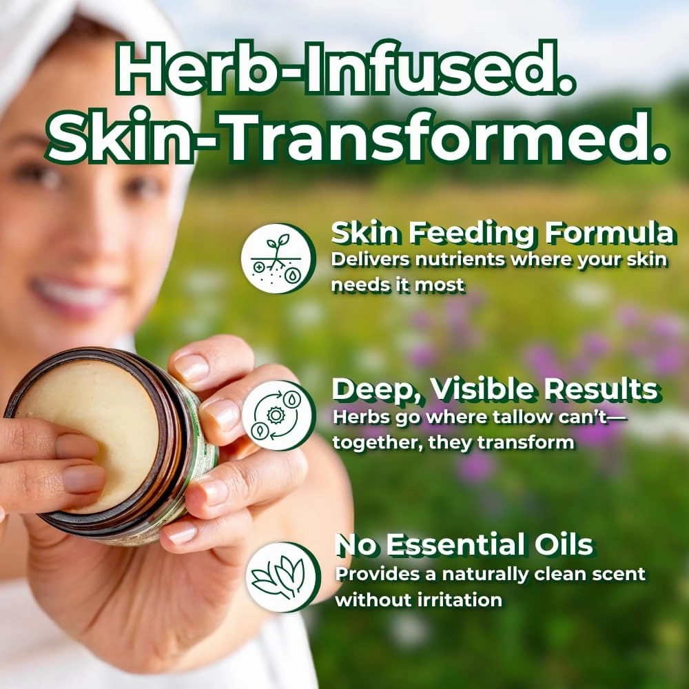 Organic Beef Tallow for Skin – Whipped Tallow Balm for Skin Face and Body with Jojoba Oil and Cocoa Butter – Unscented and Herb-Infused – 4 oz, 2.5fl oz