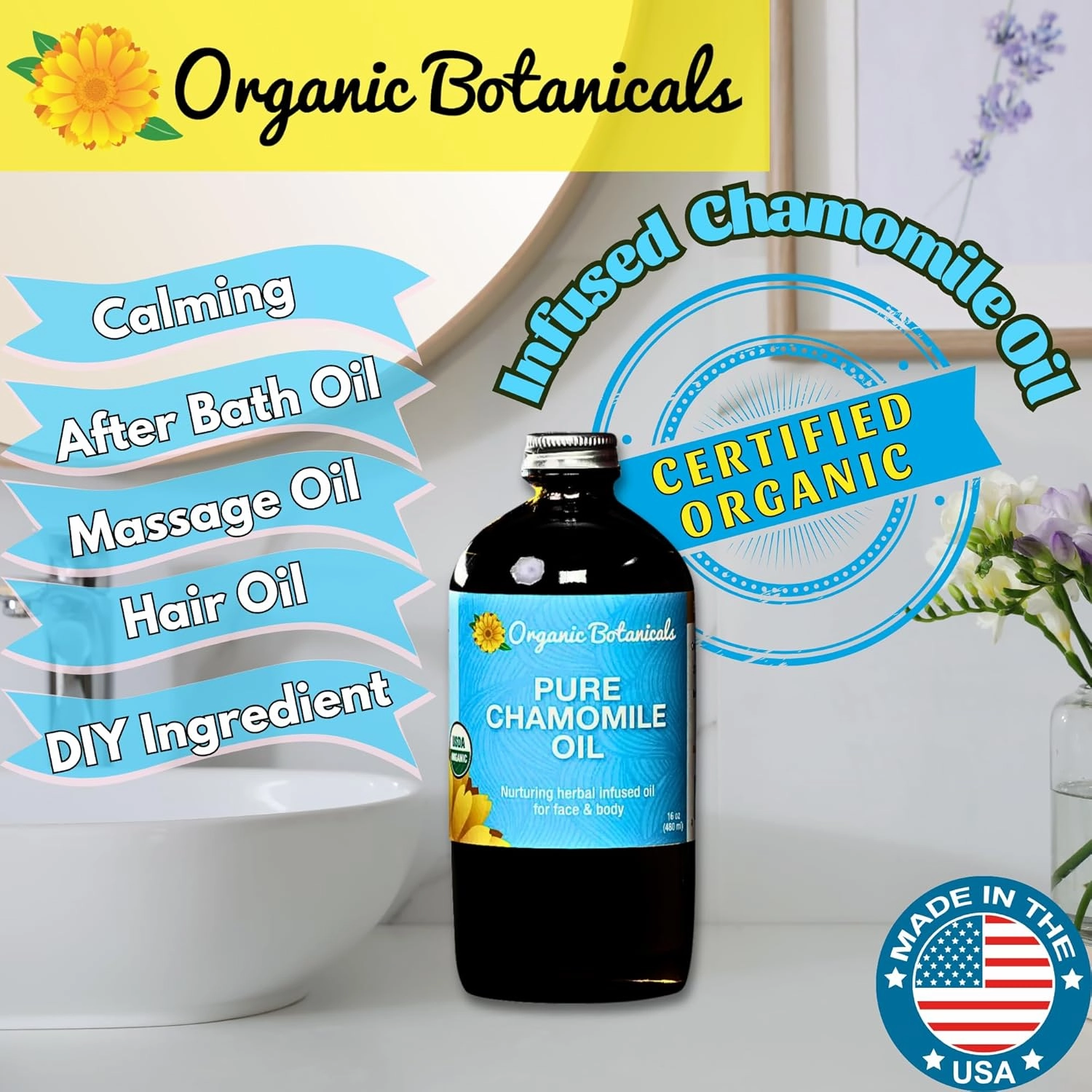 Organic Botanicals Pure Organic Chamomile Oil - USDA Certified, Premium Grade Natural Therapeutic Oil for Body, Skin, Face, Hair & Massage Therapy - Relaxing, Bath & DIY Infused Flower Extract (4 oz)
