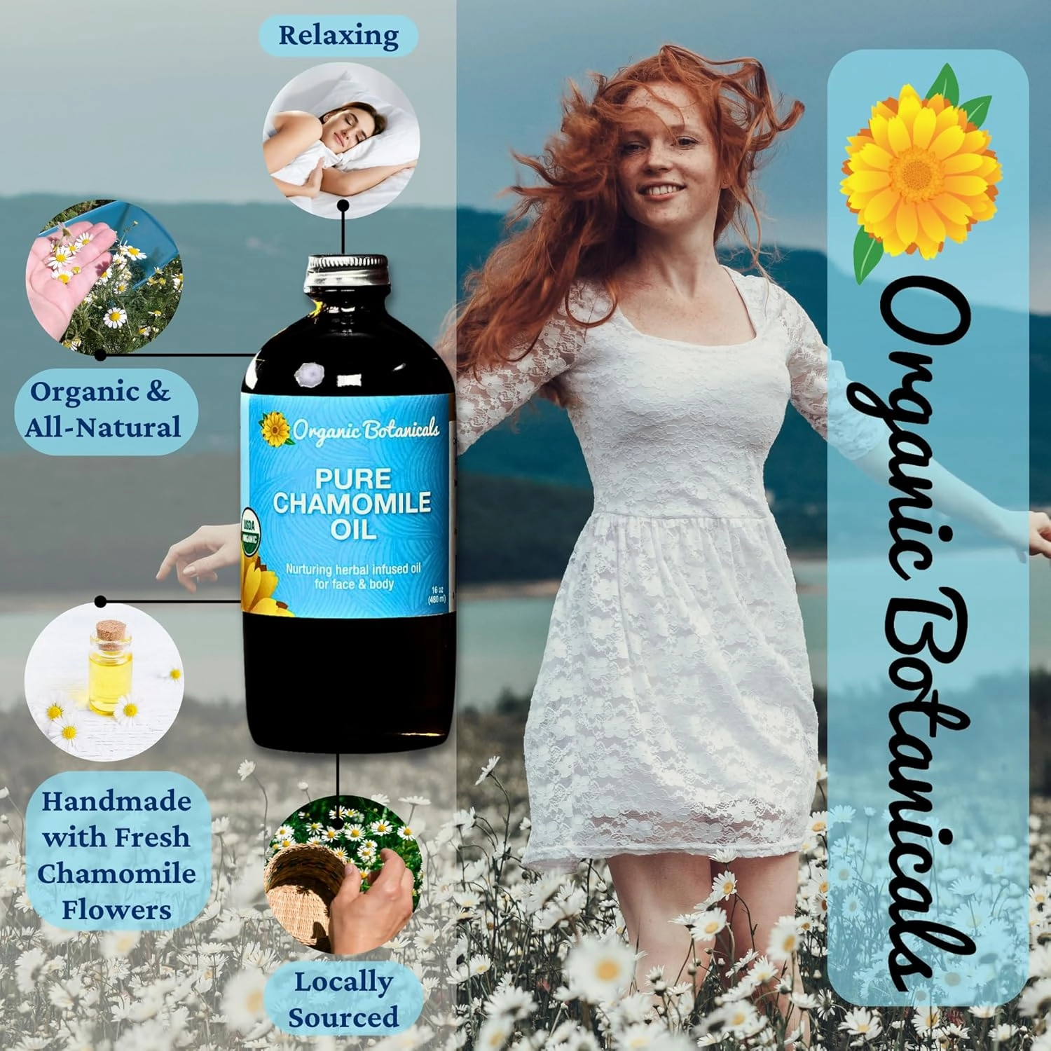 Organic Botanicals Pure Organic Chamomile Oil - USDA Certified, Premium Grade Natural Therapeutic Oil for Body, Skin, Face, Hair & Massage Therapy - Relaxing, Bath & DIY Infused Flower Extract (4 oz)