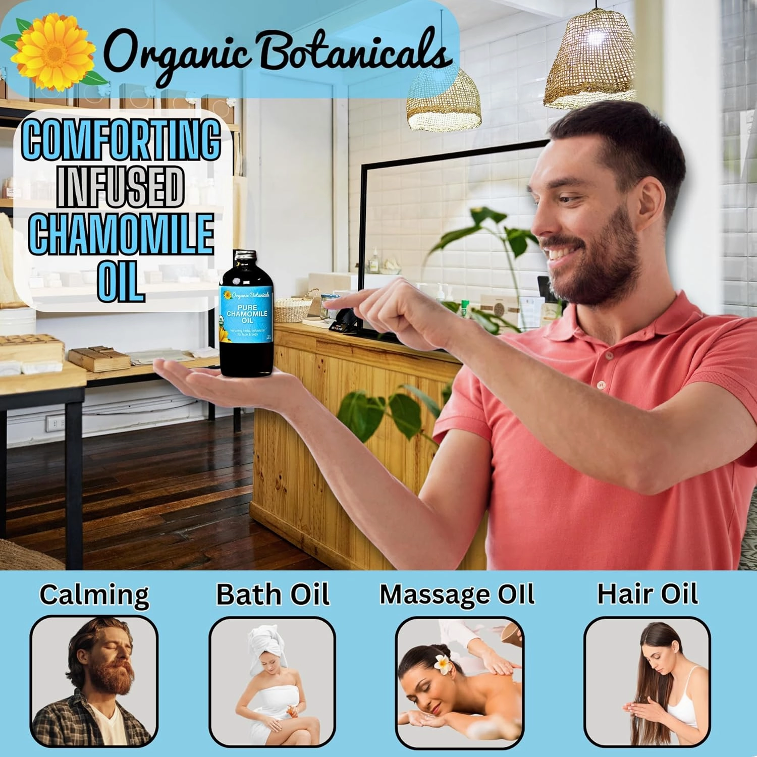 Organic Botanicals Pure Organic Chamomile Oil - USDA Certified, Premium Grade Natural Therapeutic Oil for Body, Skin, Face, Hair & Massage Therapy - Relaxing, Bath & DIY Infused Flower Extract (4 oz)