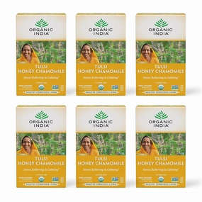Organic India Tulsi Honey Chamomile Tea Bags - Herbal Tea for Stress Relieving & Calming, Immune Support, Adaptogen, Gluten-Free, USDA Certified Organic, Caffeine-Free - 18 Infusion Bags, 6 Pack