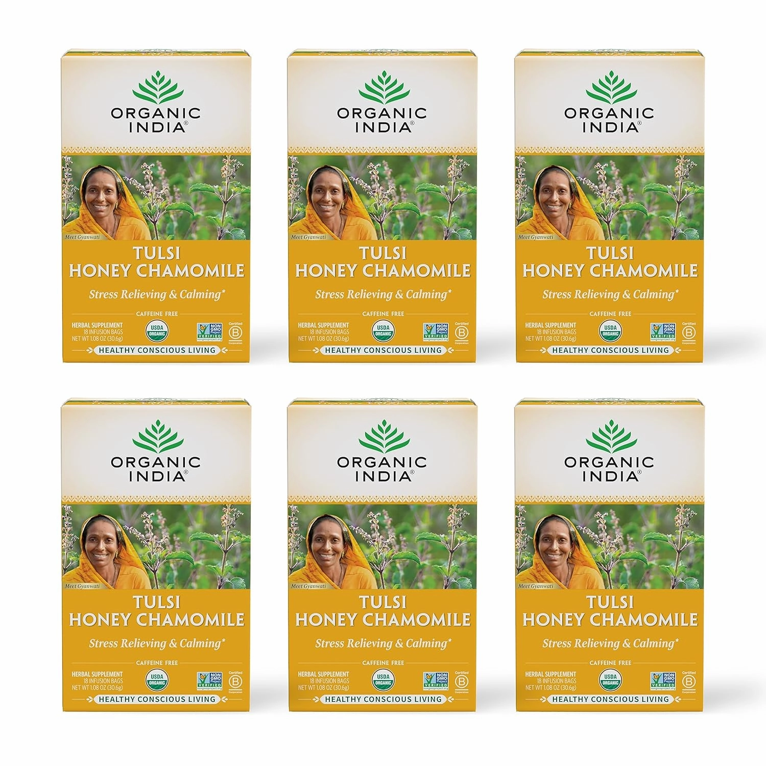 Organic India Tulsi Honey Chamomile Tea Bags - Herbal Tea for Stress Relieving & Calming, Immune Support, Adaptogen, Gluten-Free, USDA Certified Organic, Caffeine-Free - 18 Infusion Bags, 6 Pack