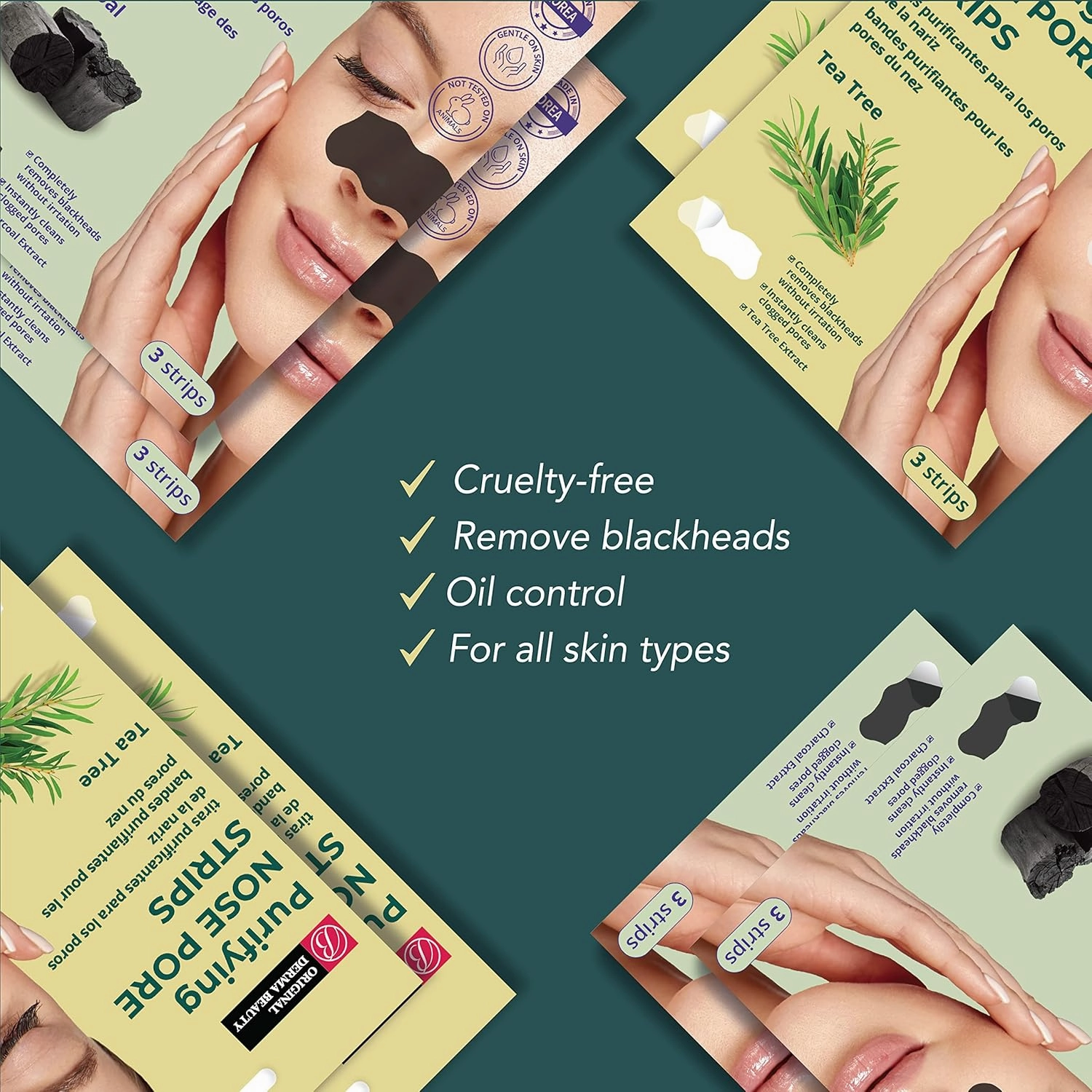 Original Derma Beauty Nose Strips 24 Pore-Refining Charcoal & Purifying Tea Tree Nose Pore Strips Set Black Head Remover For Face For Beauty & Personal Care