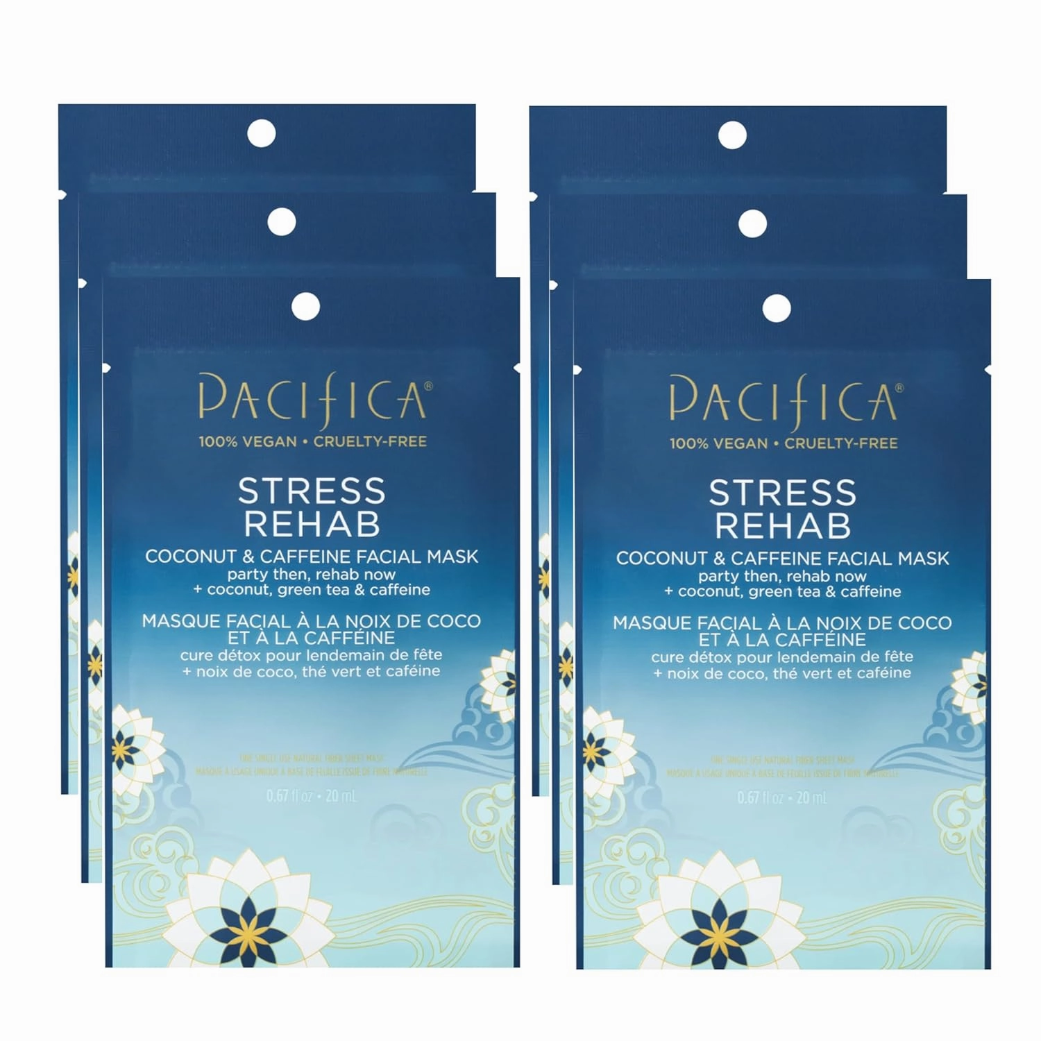 Pacifica Sheet Mask - Stress Rehab Coconut & Caffeine Facial Mask - 6-PACK De-Stress Sheet Mask for Redness & Puffiness Relief, Infused w/Green Tea, Turmeric & Hyaluronic Acid Cruelty-Free Skincare