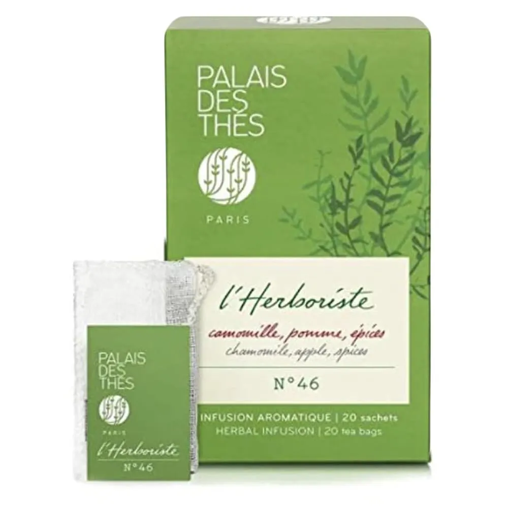 Palais des Thés - Organic Relaxation Herbal Tea - L'Herboriste N°46 with Chamomile, Apple, and Spices - 20 Count Cotton Tea Bags Box
