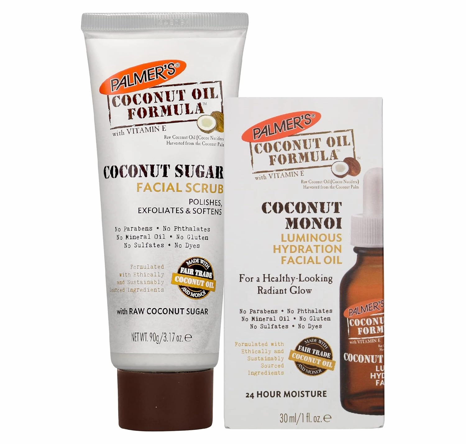 Palmer's Coconut Oil Face Care Bundle - Face Oil & Scrub, Fair Trade & Monoi, 1 fl oz Oil & 3.17 oz Scrub