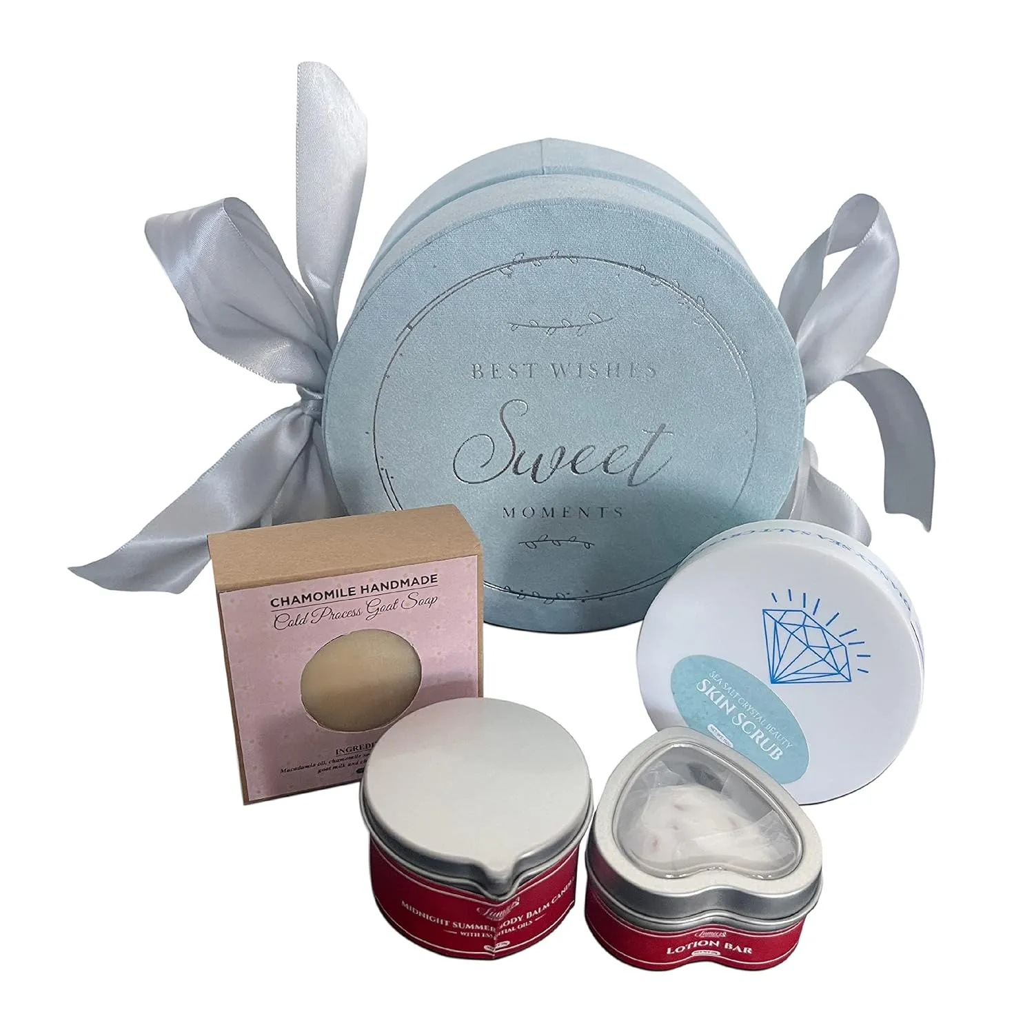 Pampering Gift Box with Massage Candle, Lotion Bar, Rich Lather Sea Salt Exfoliating Scrub & Goat Soap, Self-Care & Presents, Couples, Valetines's Day, Lovers Gift basket