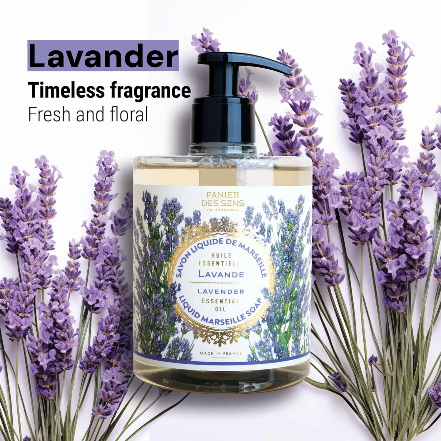 Panier des Sens - Moisturizing Hand Soap - Lavender Aromatic Fragrance - French Savon de Marseille Soap with Coconut Oil - Refillable Kitchen & Bathroom Soap - 16.9 Fl.oz Hand Wash 97% Natural