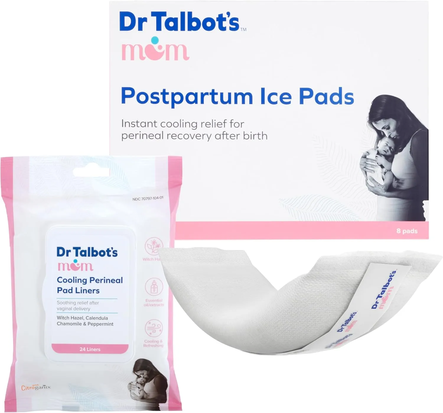 Postpartum Essentials Bundle of Dr. Talbot's Mom Postpartum Perineal Pad Liners, Instant Cooling Witch Hazel - 24 Liners   Dr. Talbot's Mom Postpartum Ice Pads for Pain Relief, 8-Pack