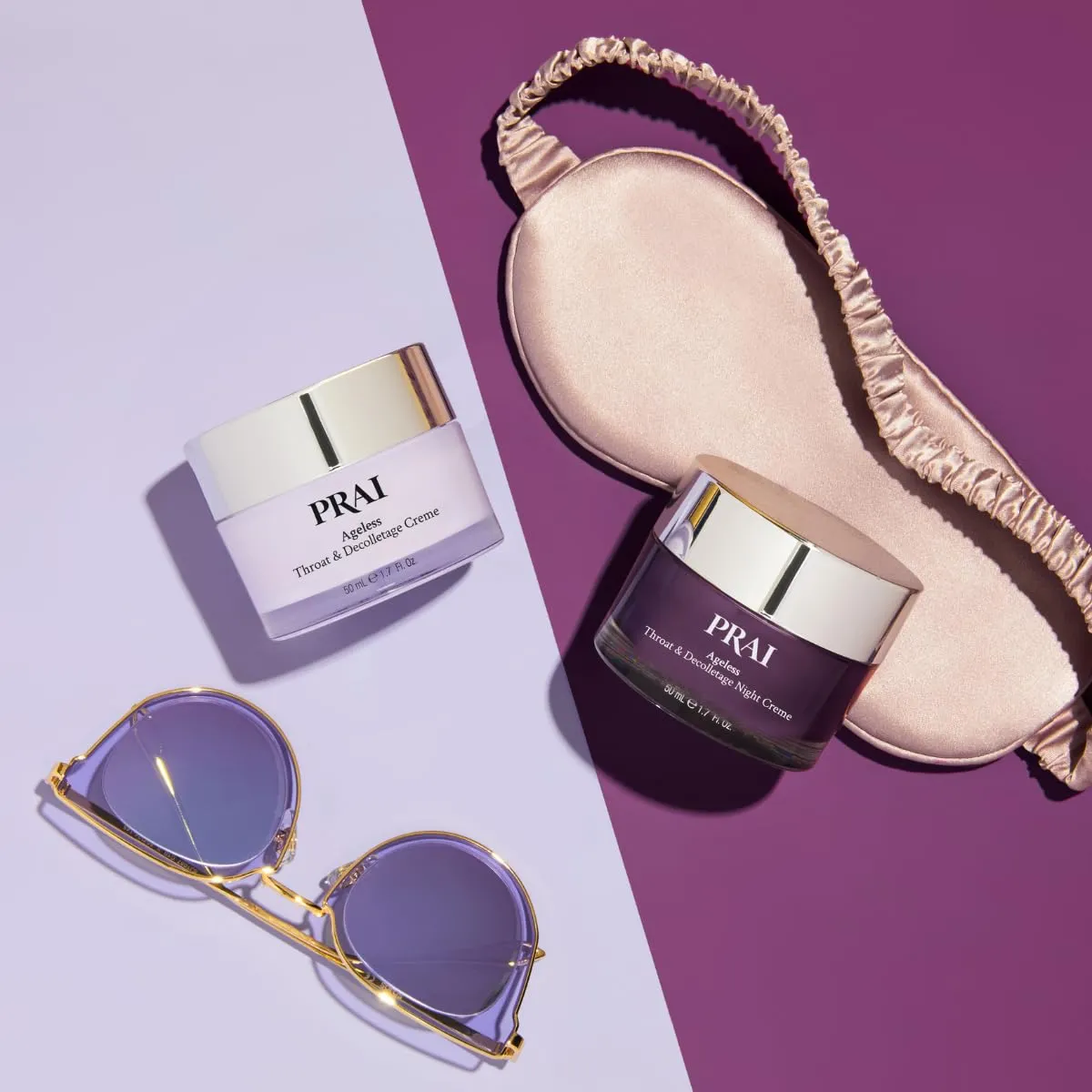 PRAI Beauty Ageless Day and Night Neck Creme Set | 1 Throat & Decolletage Day Creme and 1 Throat & Decolletage Night Creme | Skin Tightening Cream Set for Instantly Ageless Neck | 1.7 Oz Each