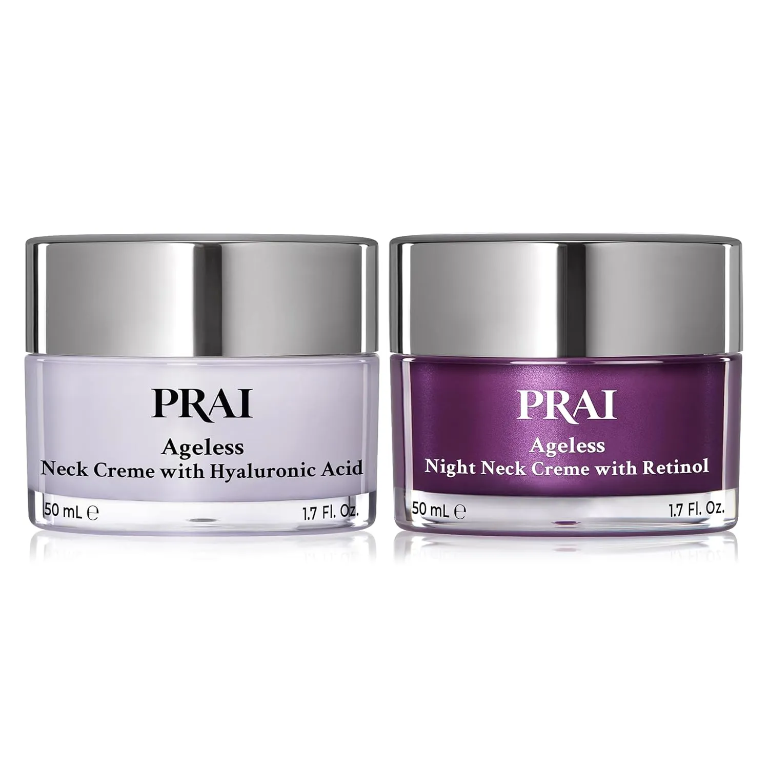 PRAI Beauty Ageless Day and Night Neck Creme Set | 1 Throat & Decolletage Day Creme and 1 Throat & Decolletage Night Creme | Skin Tightening Cream Set for Instantly Ageless Neck | 1.7 Oz Each