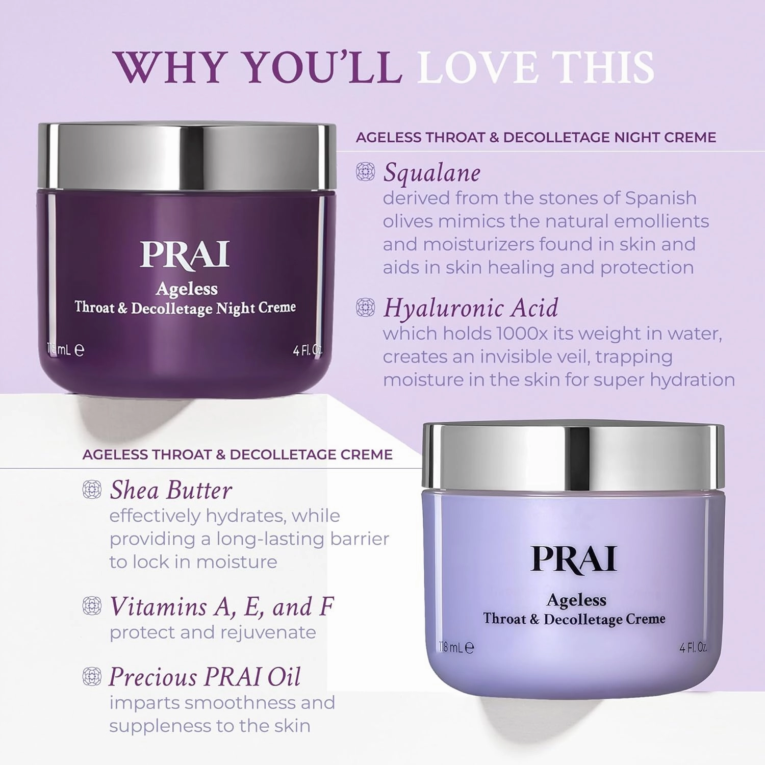 PRAI Beauty Ageless Day and Night Neck Creme Set | 1 Throat & Decolletage Day Creme and 1 Throat & Decolletage Night Creme | Skin Tightening Cream Set for Instantly Ageless Neck | 4.0 Oz Each
