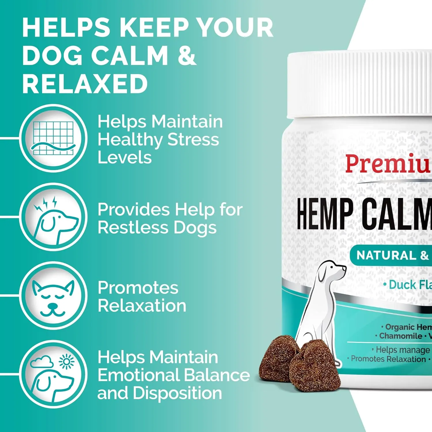 PREMIUM CARE Hemp Calming Chews for Dogs, 9.3 oz (264g), Duck Flavor, Calming Treats for Dogs, Dog Calming Chews, Dog Anxiety Chews, Anti Anxiety Relief, Valerian Root, L-Tryptophan, 120 Soft Chews