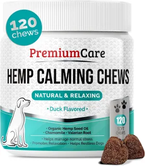PREMIUM CARE Hemp Calming Chews for Dogs, 9.3 oz (264g), Duck Flavor, Calming Treats for Dogs, Dog Calming Chews, Dog Anxiety Chews, Anti Anxiety Relief, Valerian Root, L-Tryptophan, 120 Soft Chews
