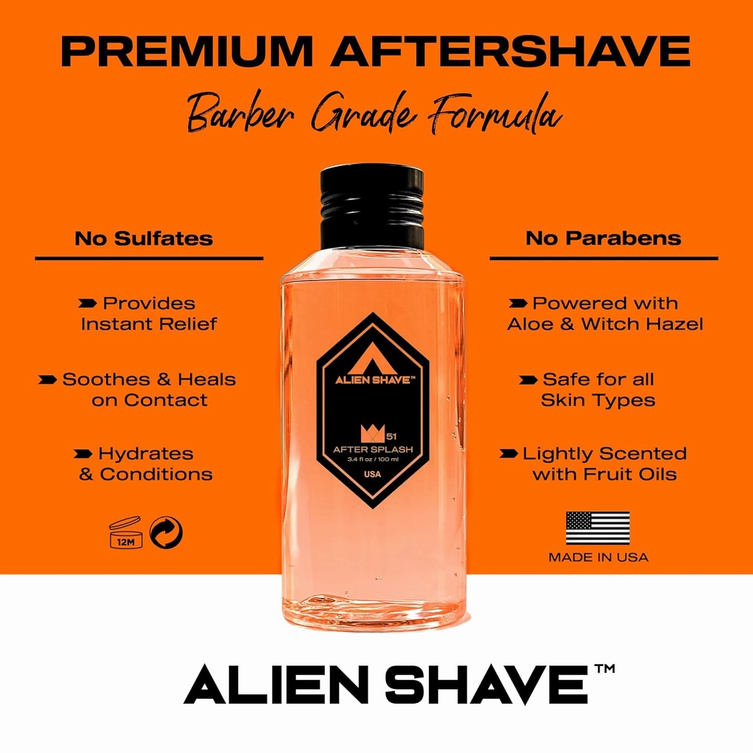 Premium After Shave Splash for Men (Solar Orange). Powered with Aloe & Witch Hazel 3.4 oz (1-Pack)