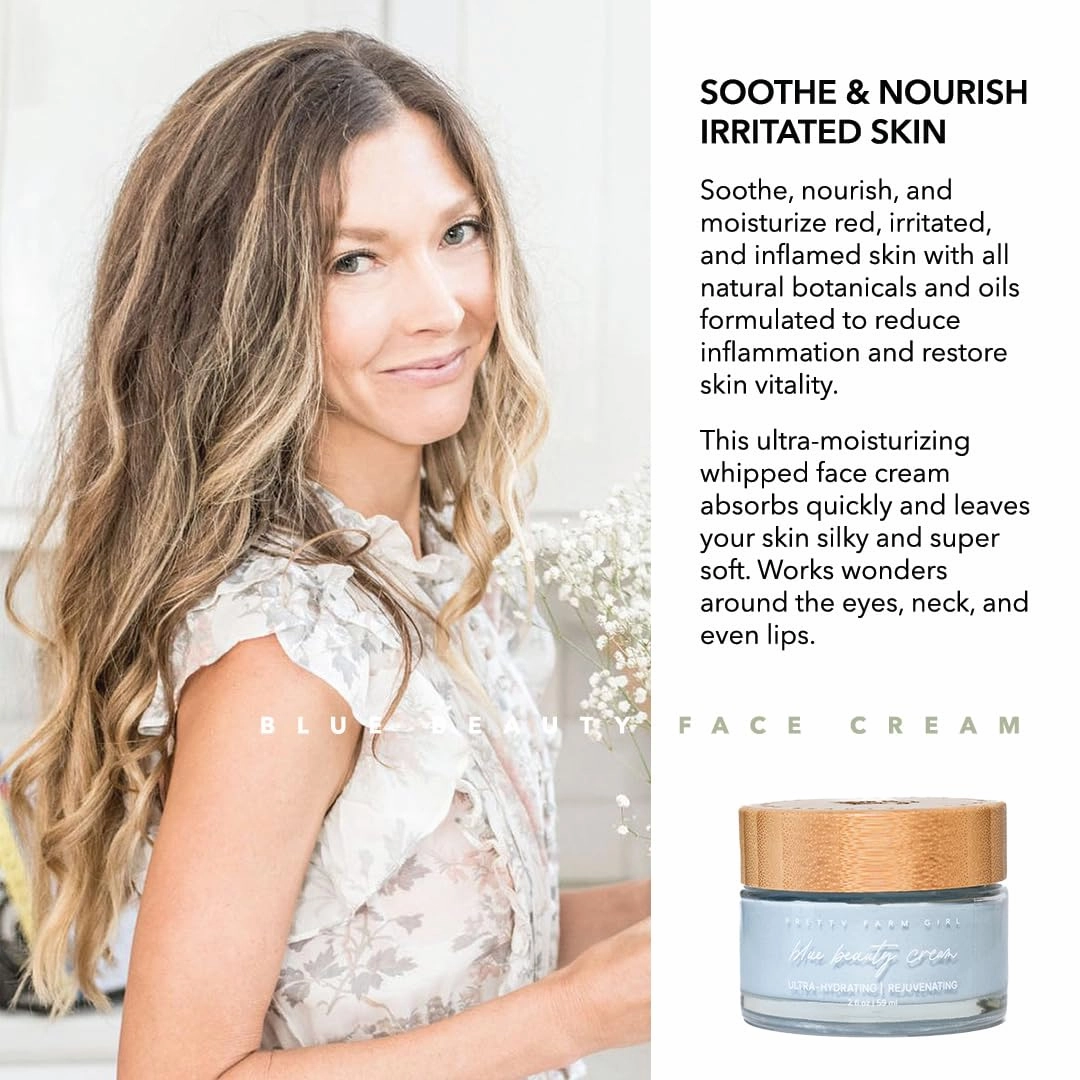 Pretty farm girl Blue Beauty Tallow Face Cream - Ultra-Hydrating & Rejuvenating - Blue Tansy Flower Oil Scent - Handmade - All Skin Types - For Around the Eyes, Neck, and Lips
