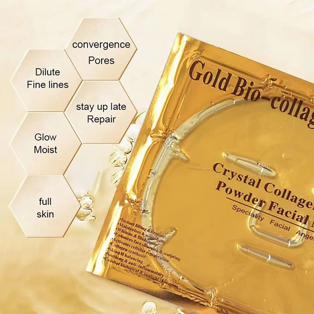 Professional 24k Gold Collagen Gel Facial Masks with Hyaluronic Acid for Tightening, Brightening, Anti Aging, Firming and Hydrating / Pack of 10 Masks