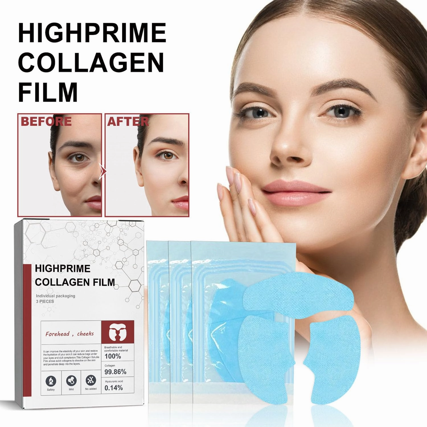 Pure Collagen Films, Highprime Collagen Film for Face, Pure Collagen Mask, Korean Soluble Nano Collagen Melting Film Skin Anti-Aging Hydrating Mask