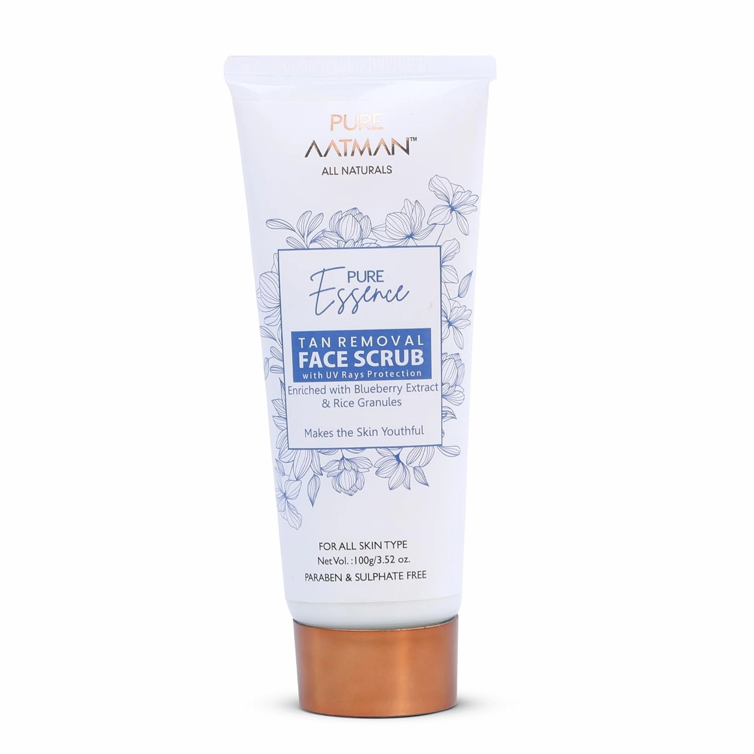 Pure De-Tan Face Scrub with Blueberry Extract & Rice Granules | Powerful Formula that Removes Tan, Blackheads, Sunburn | Gentle Exfoliator for Radiant Skin | Only Natural Ingredient Used
