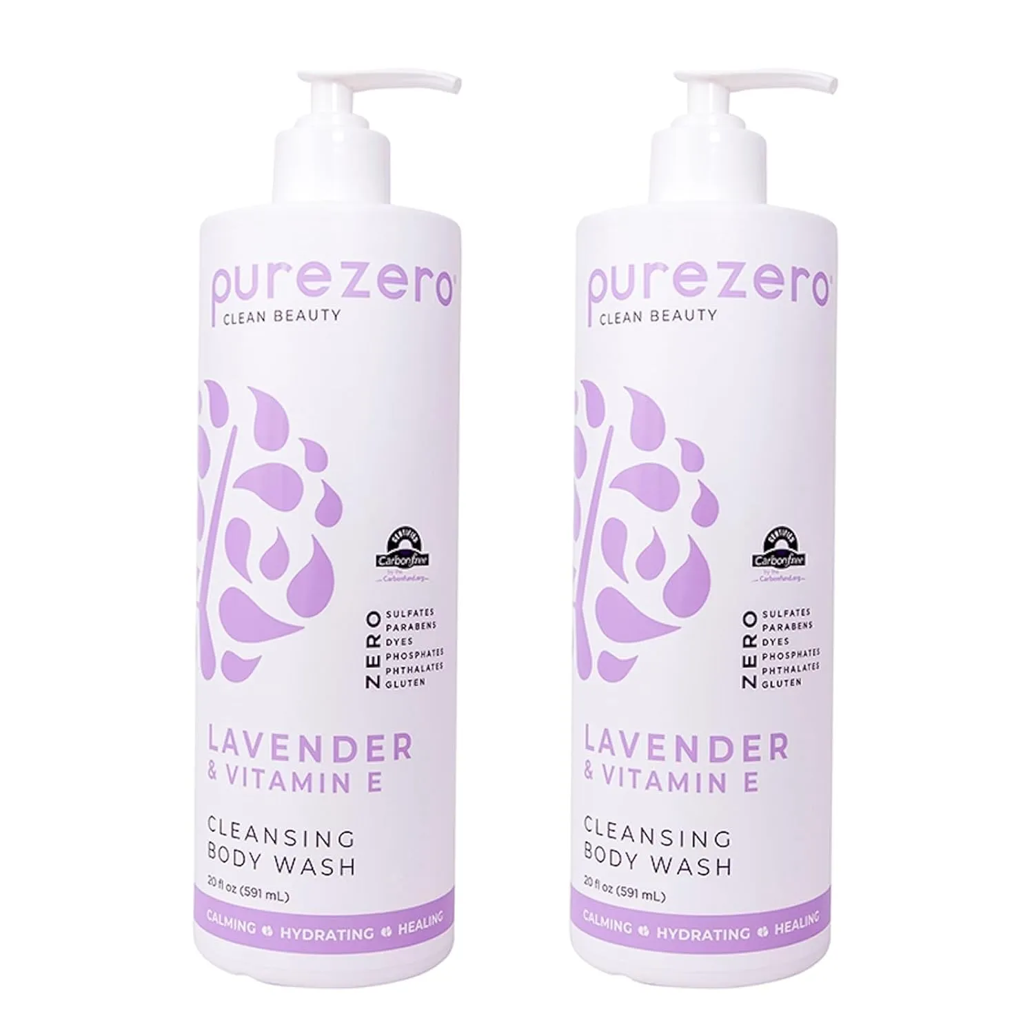 Purezero Lavender & Vitamin E Body Wash, Calms and Invigorates Skin - Leaves Skin Hydrated, Maintain Elasticity and Smoothness, Zero Sulfates, Parabens, or Dyes (20oz, 2 Pack)