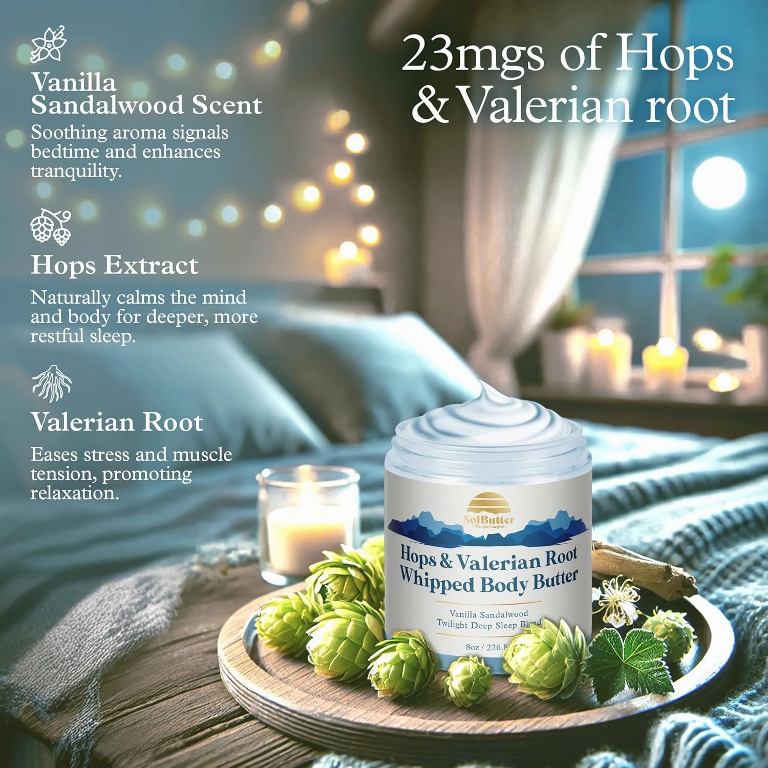 PURPLE CANYON New Look Twilight Whipped Body Butter 8oz | Relaxing Vanilla Sandalwood Scent for Deep Sleep | Natural Skin Care with Hops & Valerian Root
