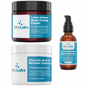QRxLabs Anti-Aging Skincare Bundle: Glycolic Acid 10% Wrinkle Control Pads, Lemon Verbena Neck Firming Cream, and 5% Niacinamide   Retinol Serum – Anti-Wrinkle, Tightening, and Moisturizing